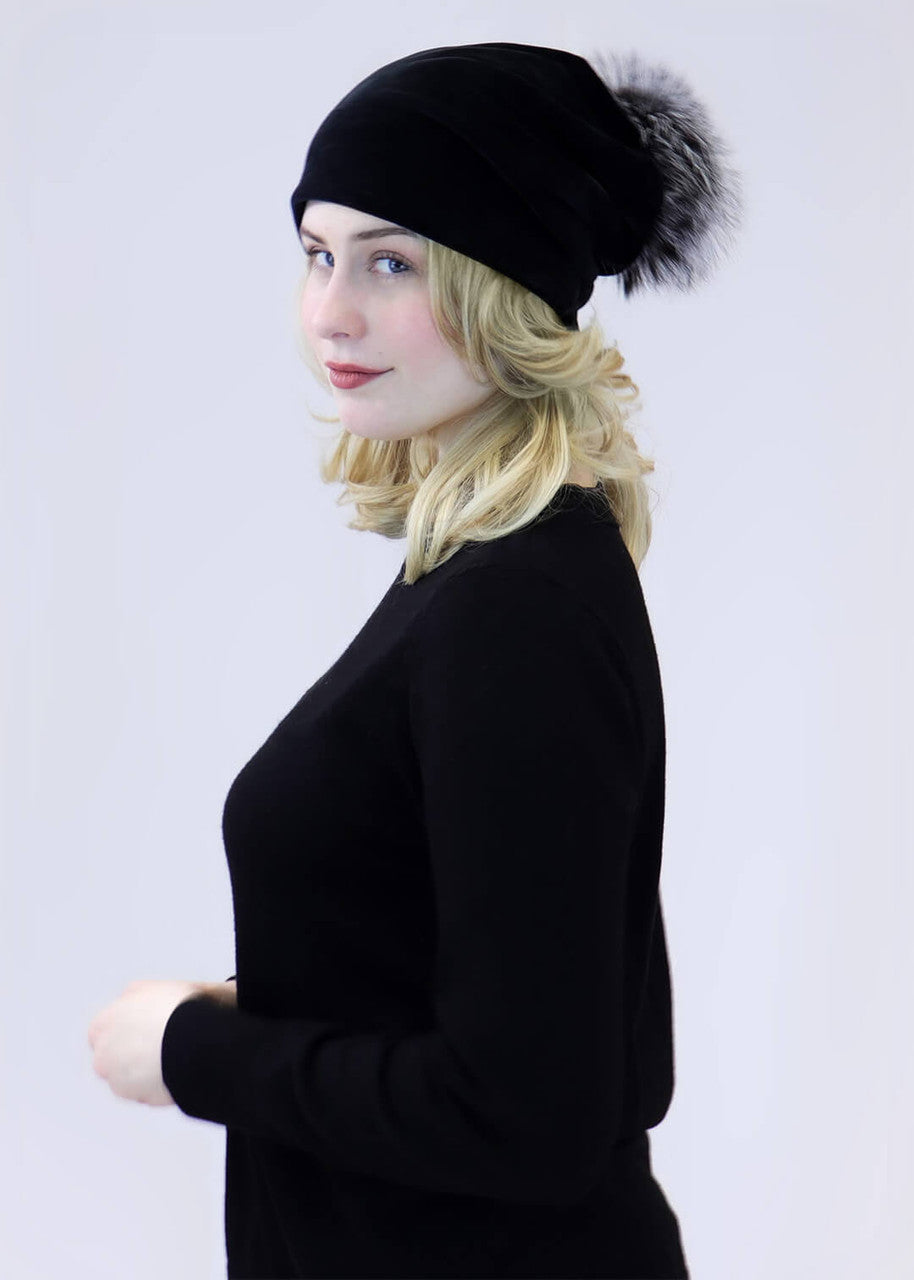Velvet Slouch Beanie w/Fox Fur Pom