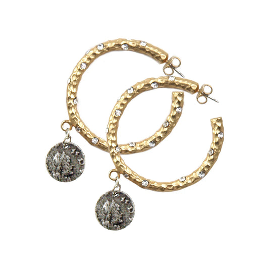 1.5 inch Gold Pavia Hoop with Crystals and Dangling Coin