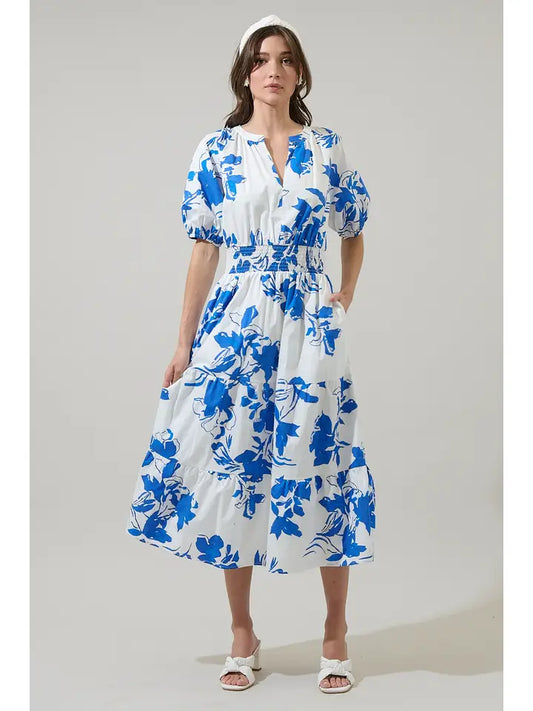 Aby Floral Hacienda Puff Sleeve Midi Dress