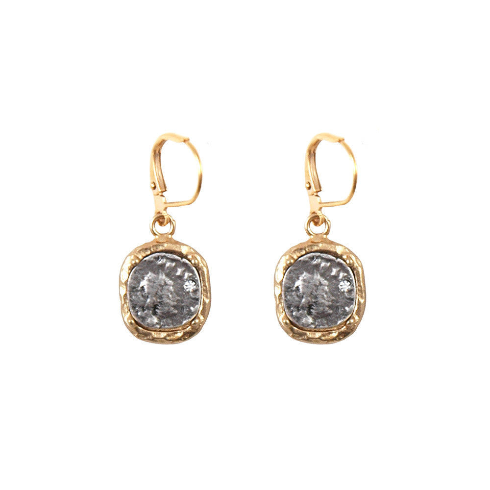 Gold Dangling Coin w/ Crystal Earrings