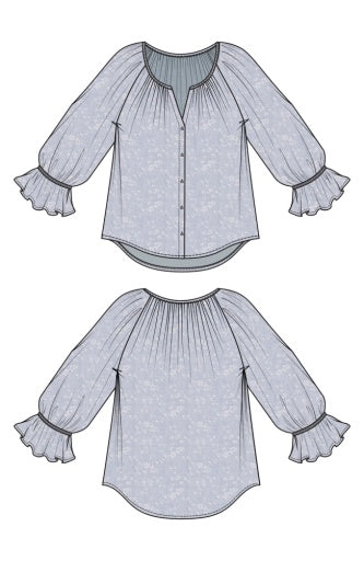 3/4 sleeve button front shirred woven top