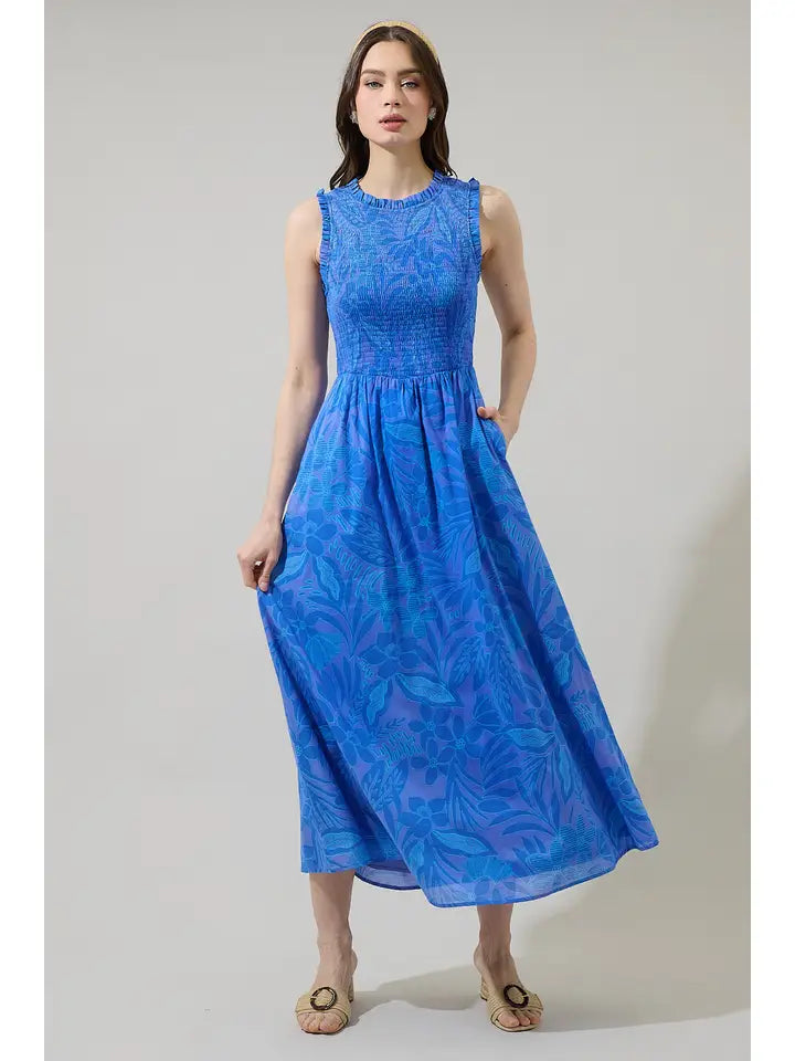 Warren Floral Cecil Smocked Sleeveless Midi Dress