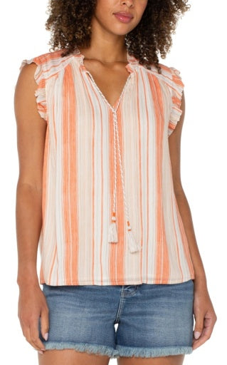 short sleeve woven blouse w/ties & ruffles