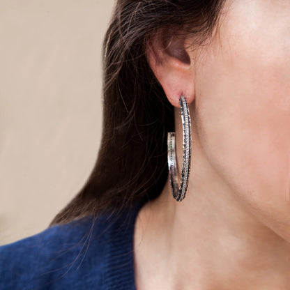 Vintage Silver Egy Crystal Thin Hoops 2 inch