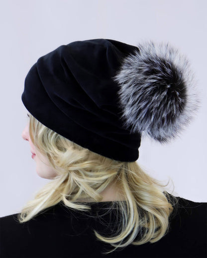 Velvet Slouch Beanie w/Fox Fur Pom