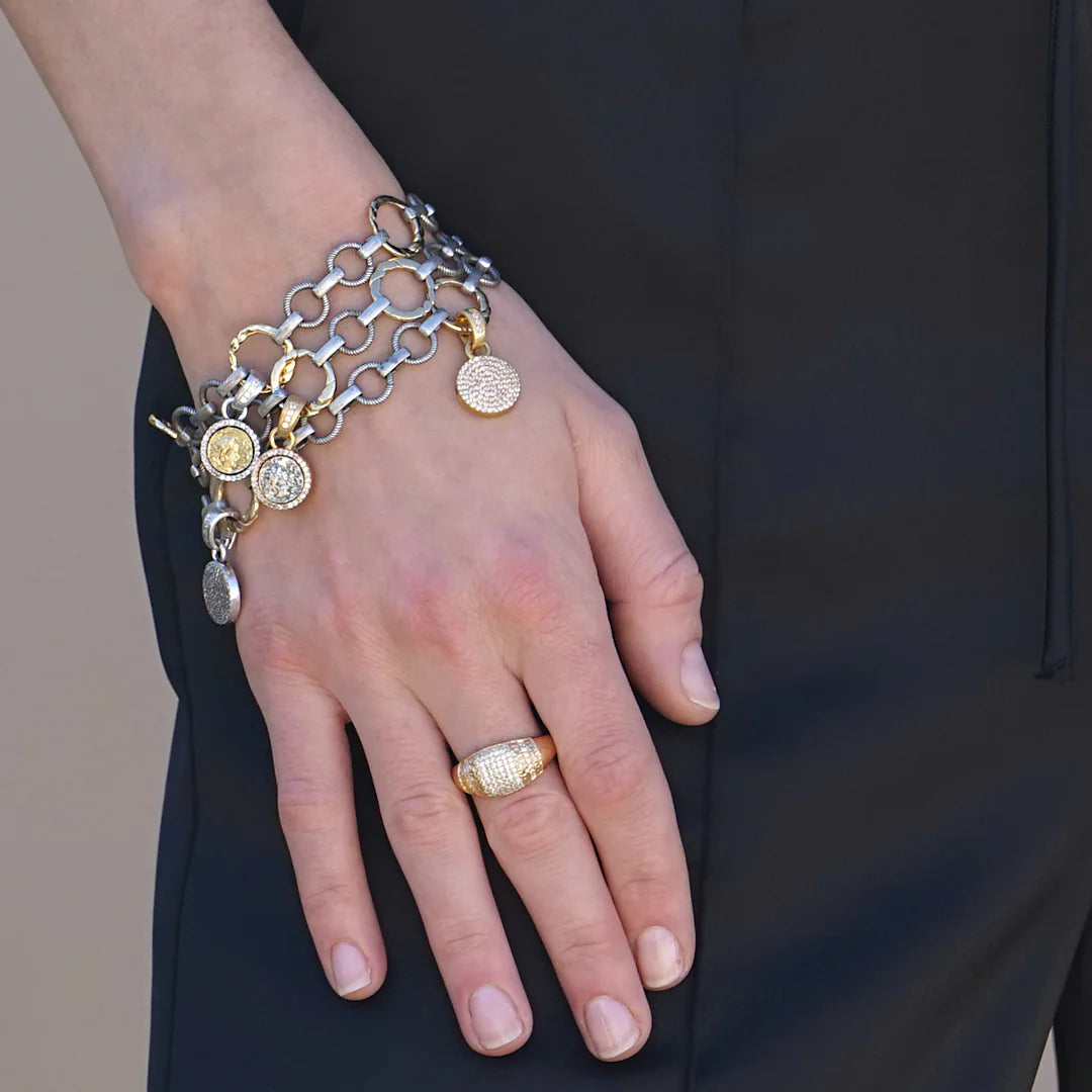 Vintage Silver Flat Ring Triple Chain Charm Bracelet