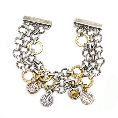 Vintage Silver Flat Ring Triple Chain Charm Bracelet
