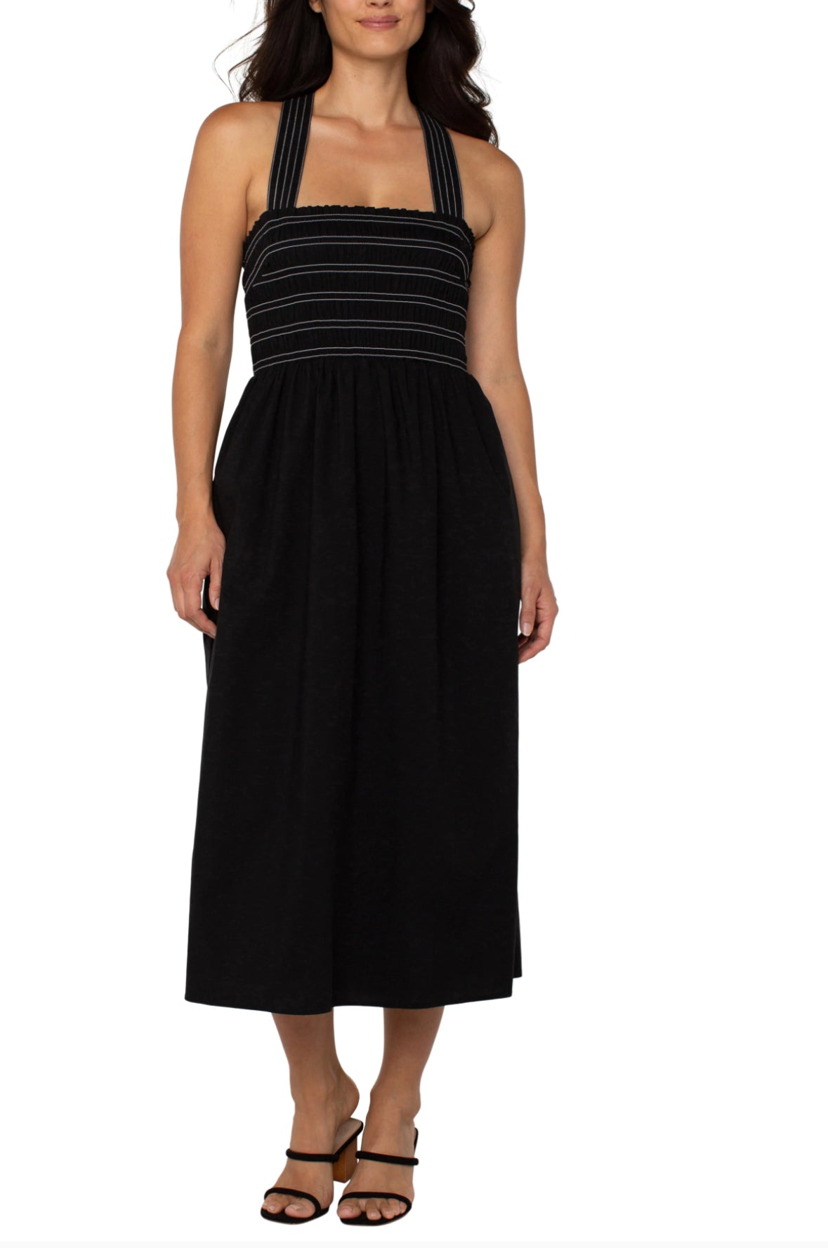 sleeveless smocked woven midi dress w trapunt