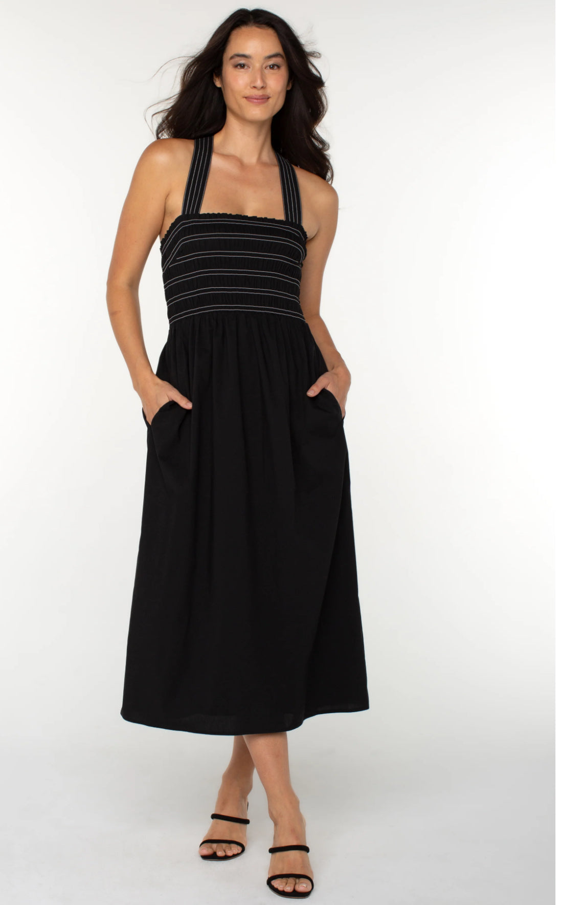 sleeveless smocked woven midi dress w trapunt
