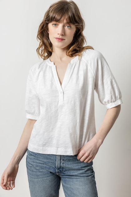 Shirred Split Neck Raglan