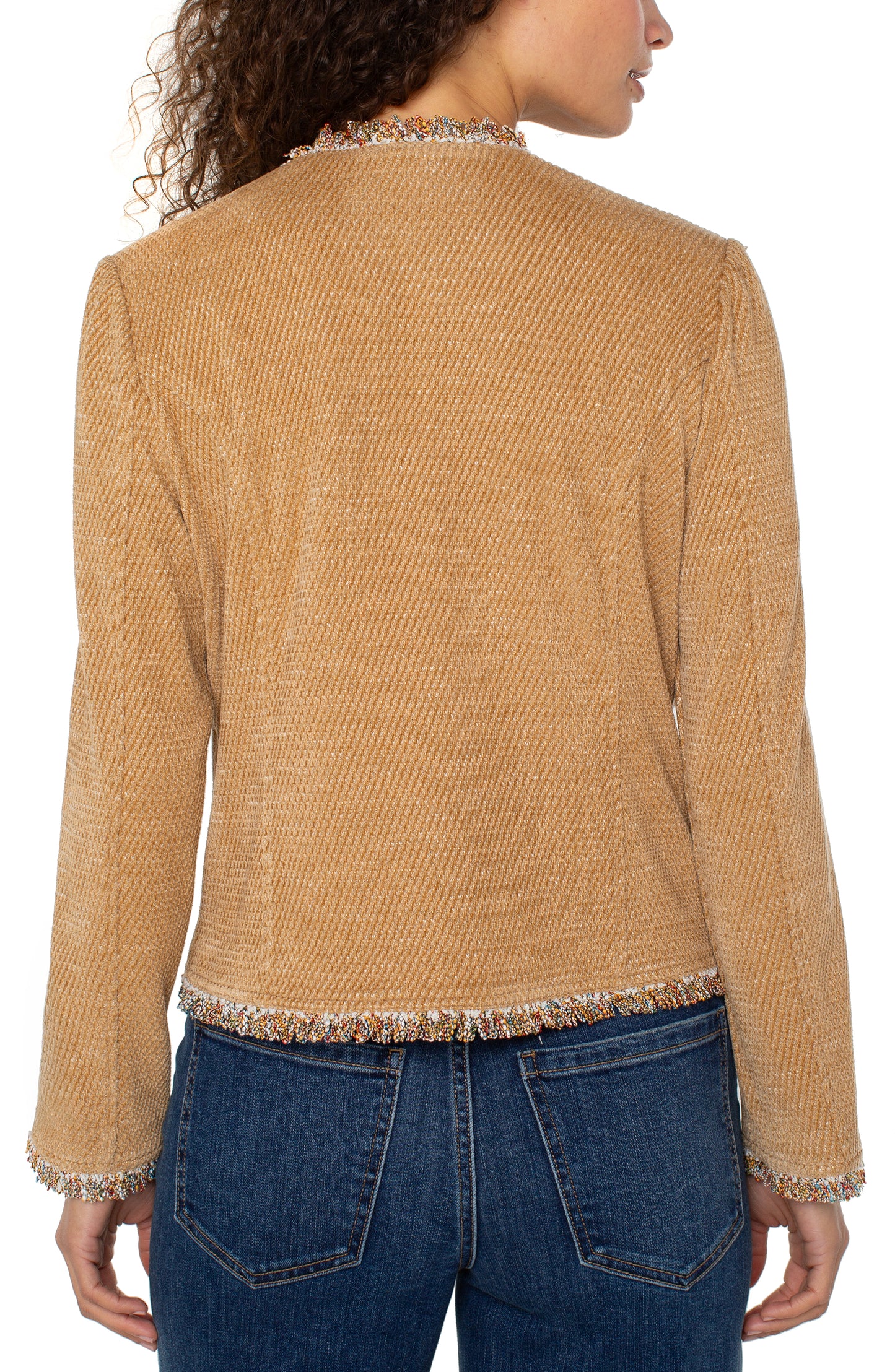 collarless jacket with frayed edges