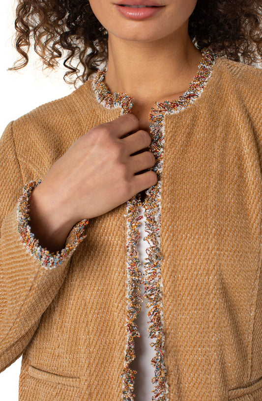 collarless jacket with frayed edges