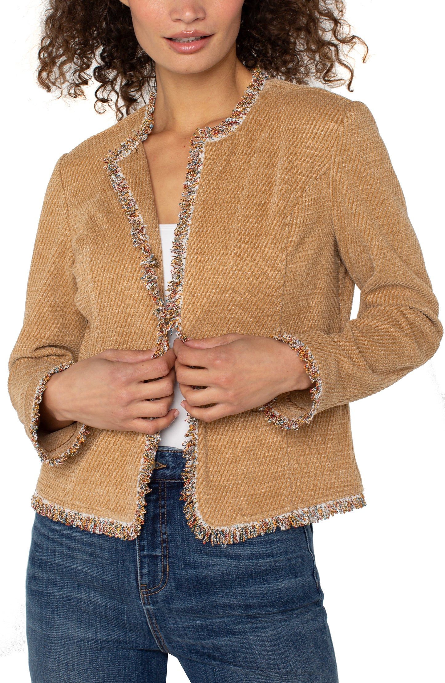 collarless jacket with frayed edges