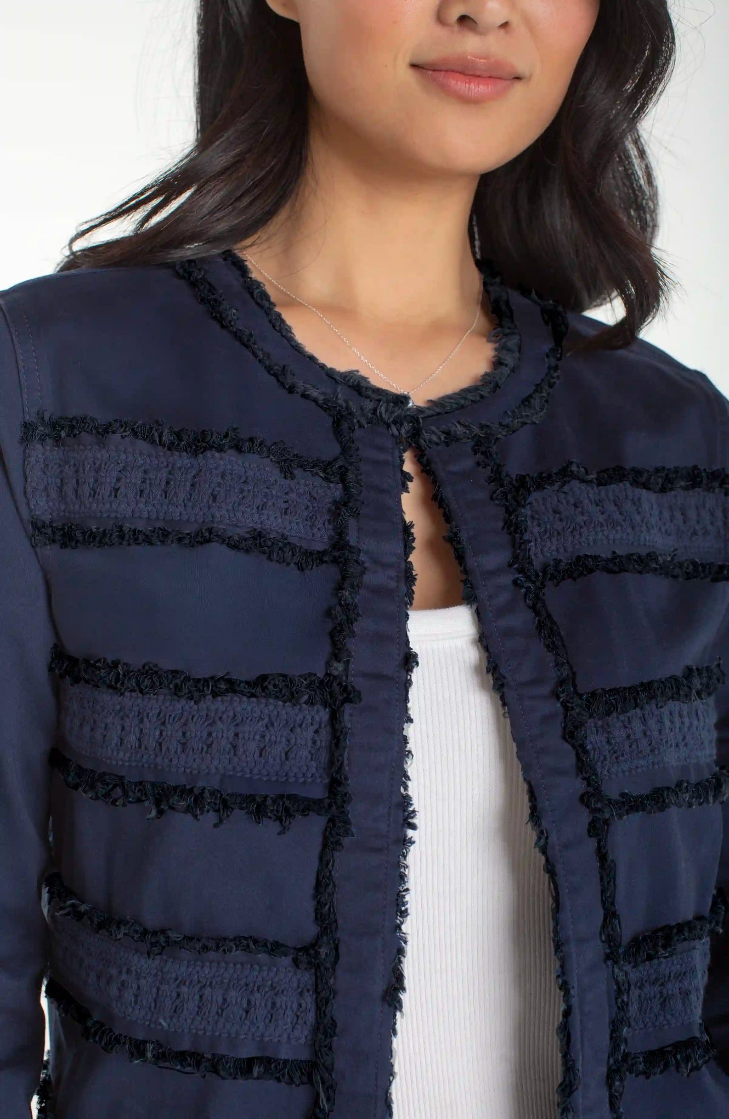 collarless jacket w fray & lace