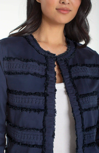 collarless jacket w fray & lace