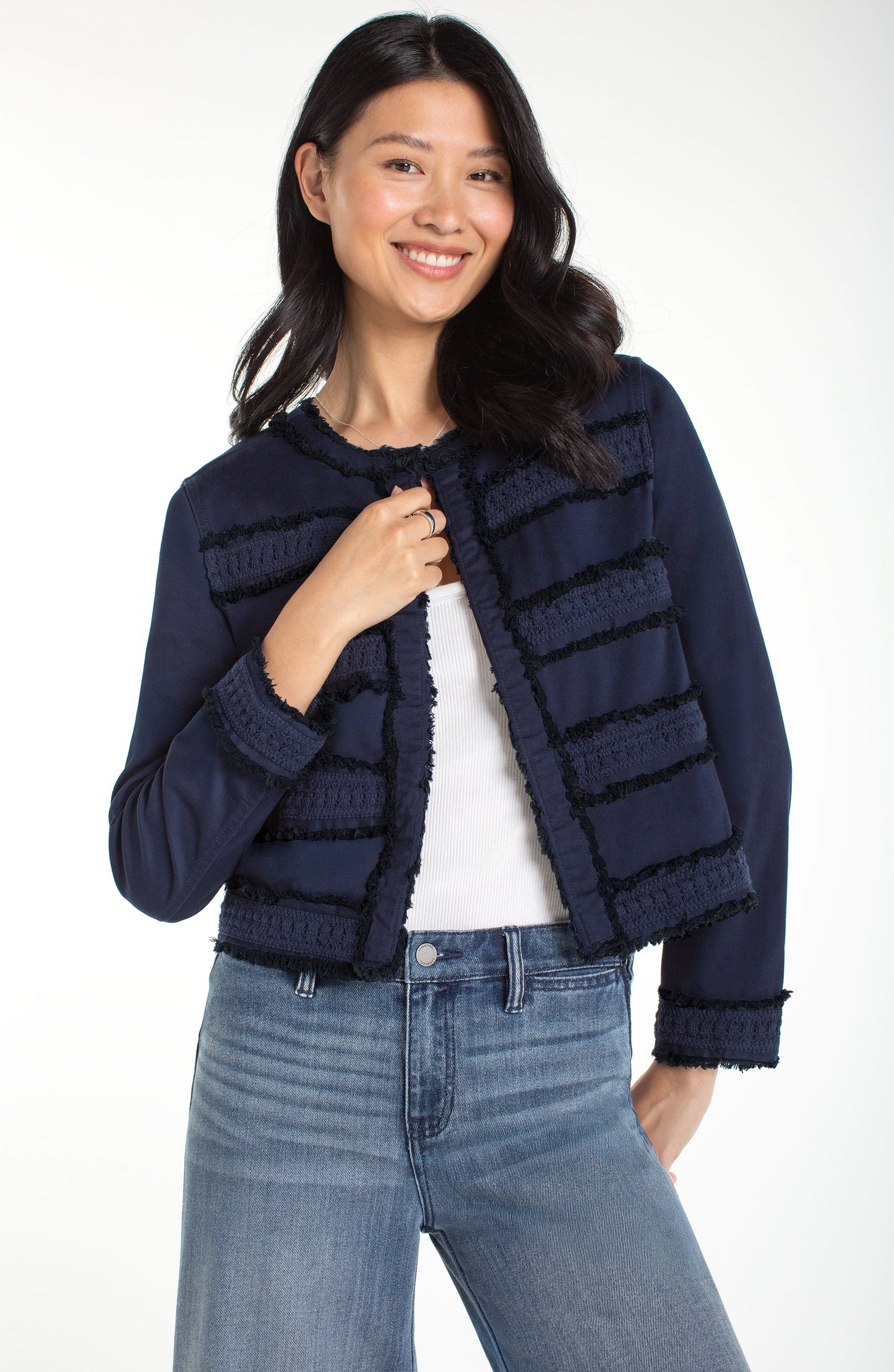 collarless jacket w fray & lace