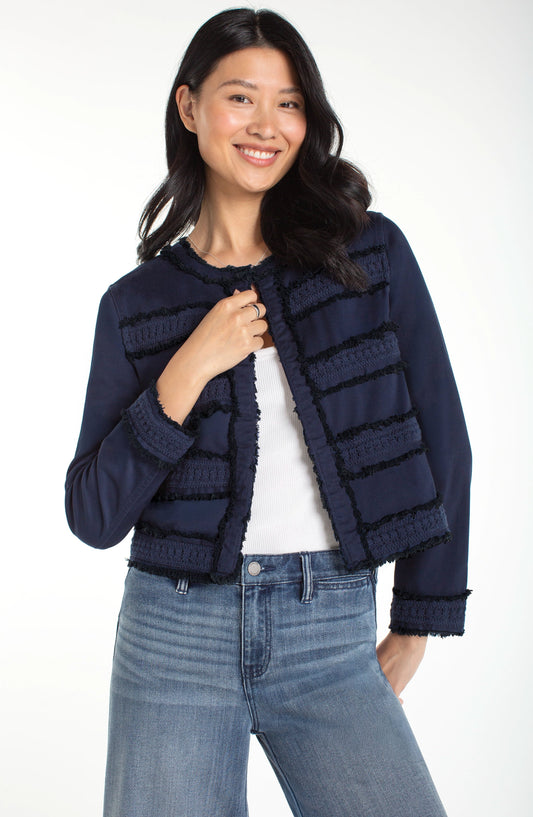 collarless jacket w fray & lace