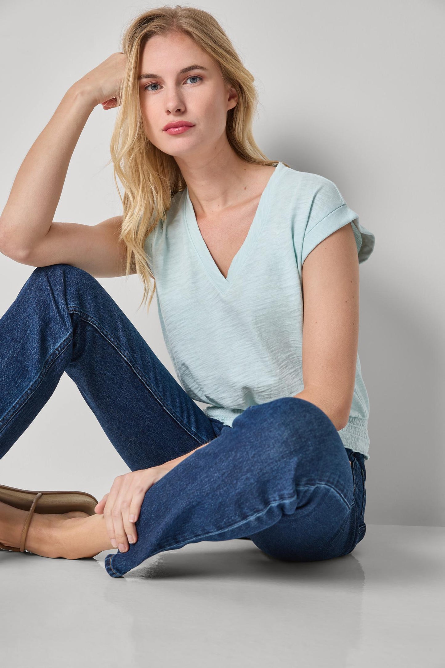 Smocked Hem V-Neck