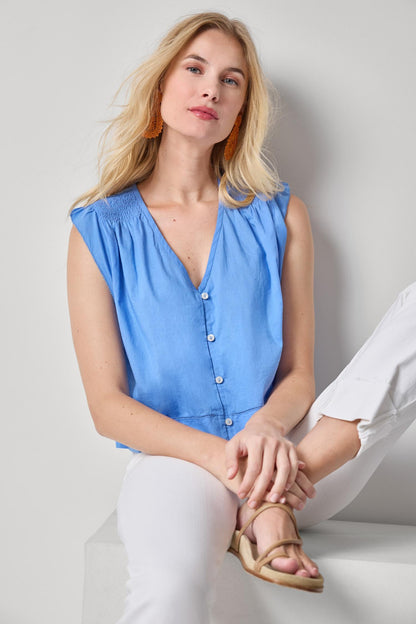 Smocked Shoulder V-Neck