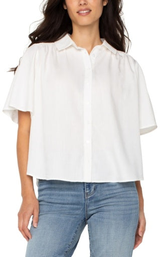 1/2 slv button front shirred woven blouse