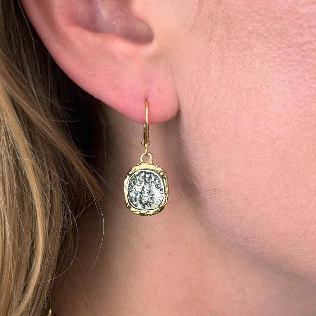 Gold Dangling Coin w/ Crystal Earrings