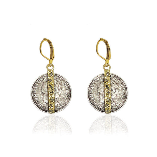 Gold Mini Coin & Crystal Bar Earrings