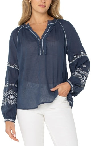 long slv raglan woven blouse w emb