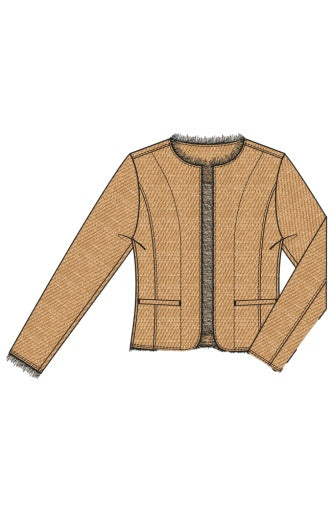 collarless jacket with frayed edges