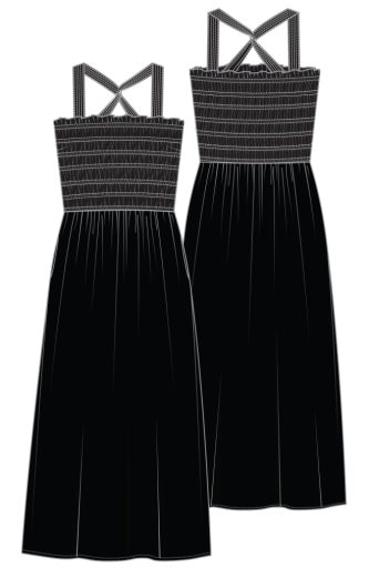 sleeveless smocked woven midi dress w trapunt