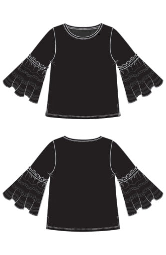 3/4 slv embroidered knit to woven top
